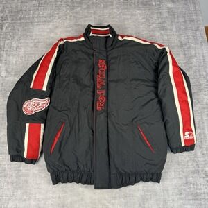 Detroit Red Wings Jacket Mens Large Black Vtg 90s NHL Hockey‎ Starter Full Zip